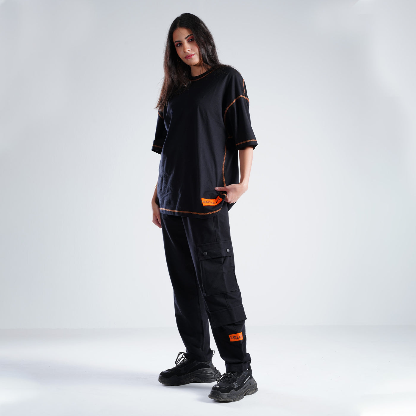 ORANGExBLACK STICHED oversized T-shirt