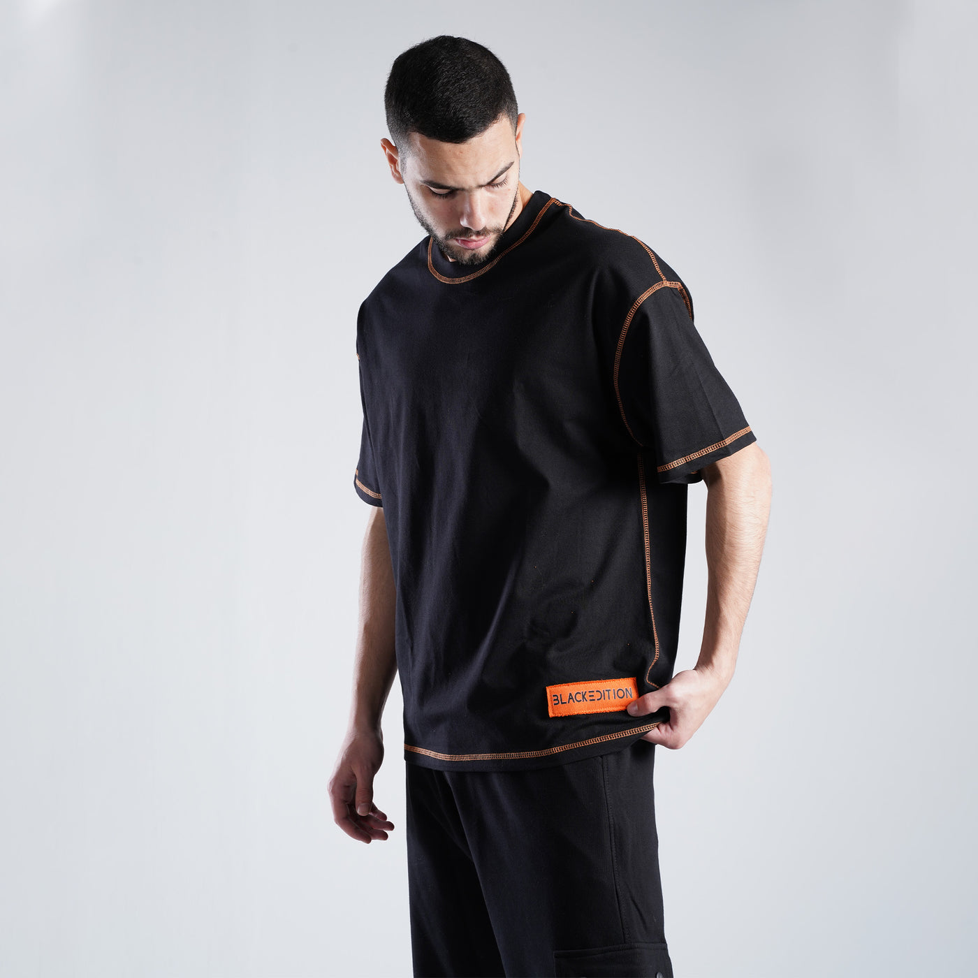 ORANGExBLACK STICHED oversized T-shirt