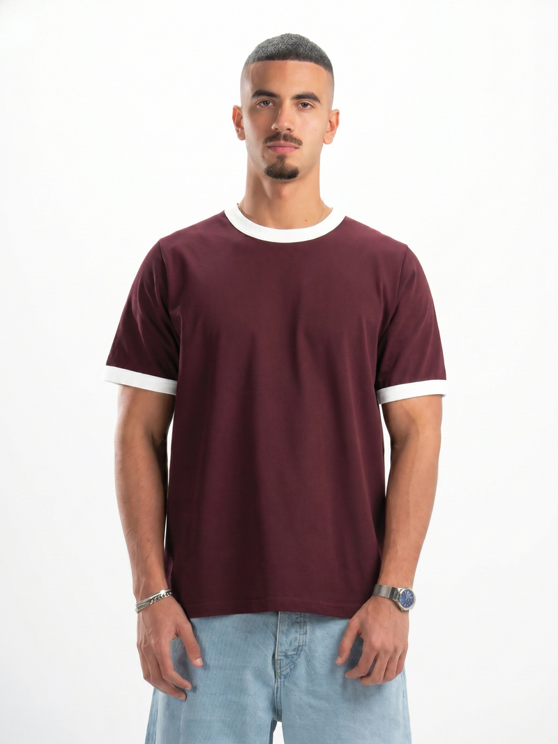 Burgundy Ringer Tee — White